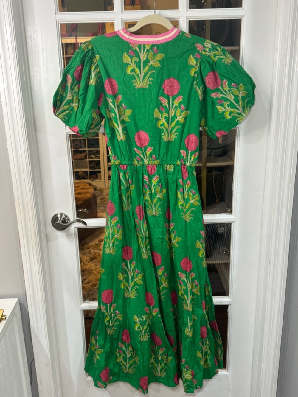 🌺🍋🟩THML Green Floral Maxi Dress with Pink Trim embroidered boho puff sleeve - Picture 10 of 10